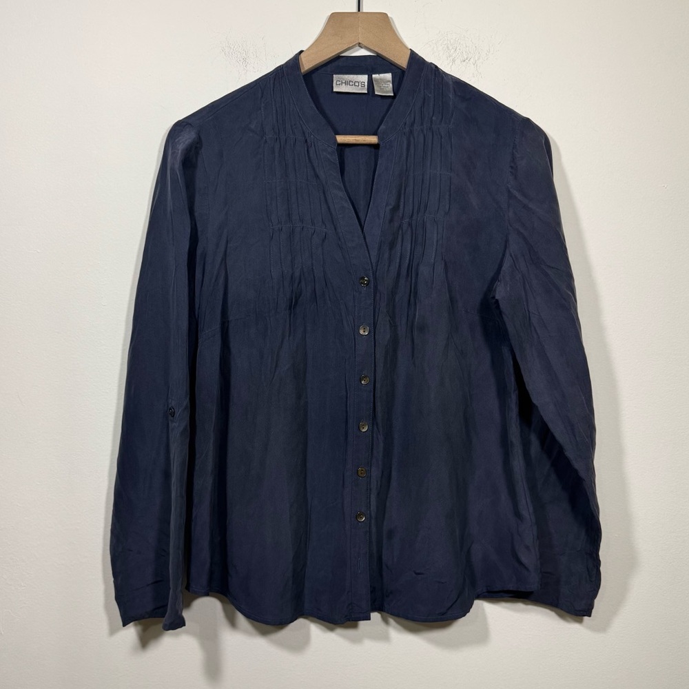 Chico's Silk Button Up Shirt Size 1 (US M/8) Navy Blue Roll Sleeves Office